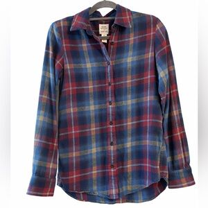 Lands' End Women's Plaid Button-Down Shirt - Navy, Burgundy & Yellow